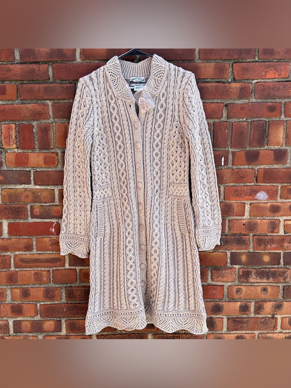 Aran Crafts Ireland Irish Cable Knit Long Cardigan Sweater Duster Merino Wool XS